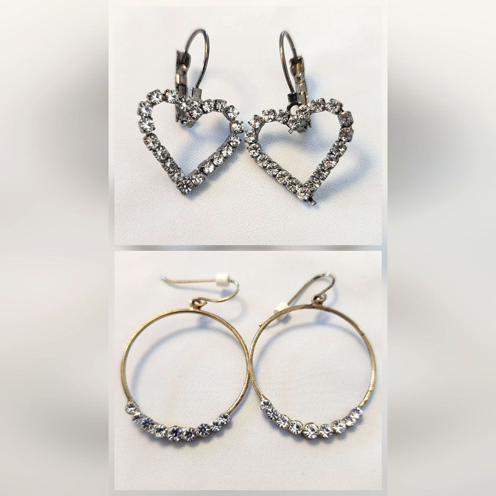 2 Pair Earrings Silver Circle Rhinestone & Heart Rhinestone